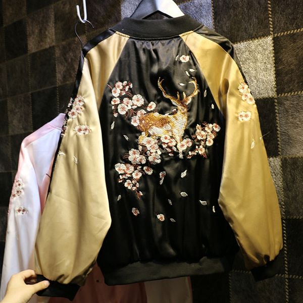 

wholesale- 2017 harajuku women men jackets autumn flowers deer embroidery coats fashion long sleeve zipper patchwork couple coat 40938, Black;brown
