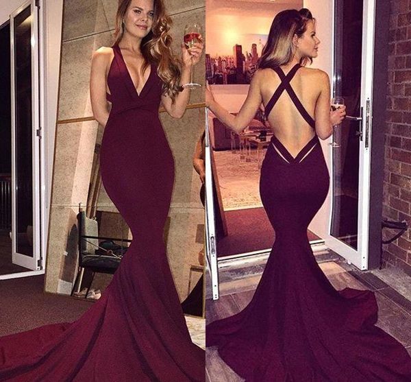 

2017 новый бордовый русалка пром платья sexy backless рукавов глубокий v шеи длинные развертки поезд платья партии вечерние платья простой э, Black