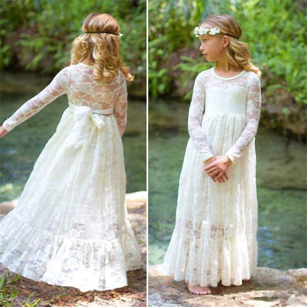 

full lace flower girl dresses sheer long sleeve first communion dresses 2019 floor length kids formal wear girls dress for weddings, White;blue