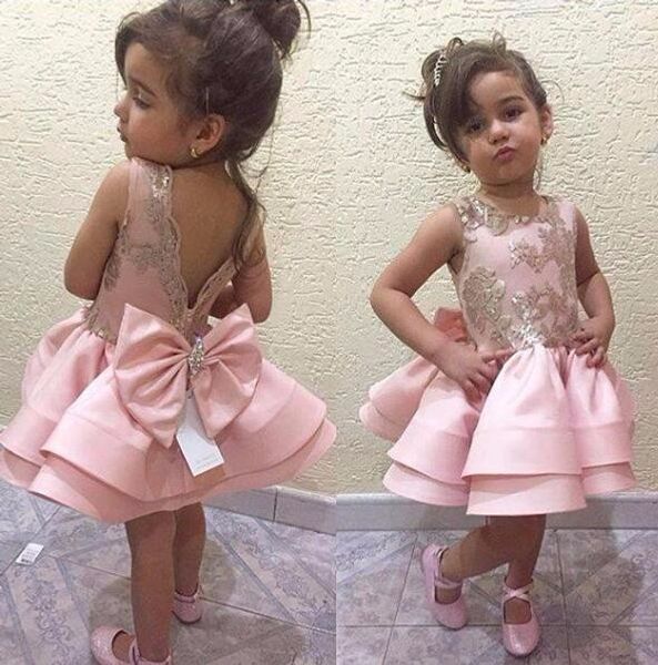 

2017 Girl Pageant Dresses For Wedding Flower Girl Dress A-line Knee Length Satin Lace Bow Pink Prom Party Dresses For Girls mariage