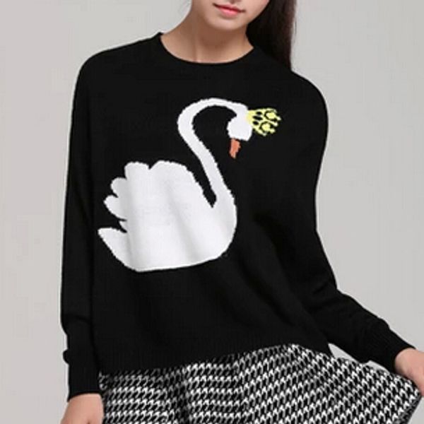 

wholesale-new winter sweater female swan pattern printing o-neck long-sleeved sweater sweater hedging, White;black