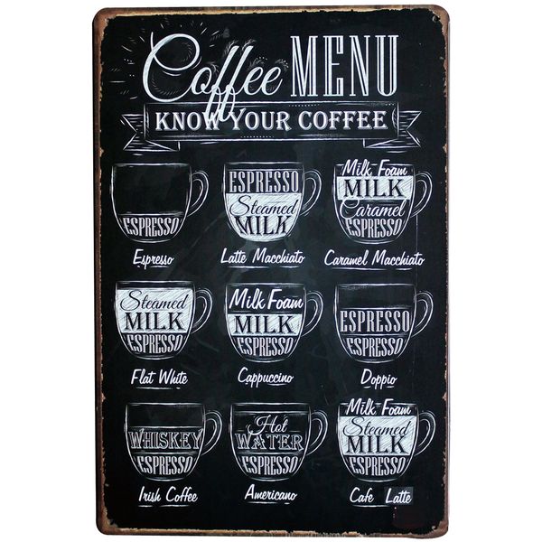 

wholesale- coffee menu decor metal tin sign vintage coffee plaque menu board for espresso americano latte cappuccino lj5-13 20x30cm a1