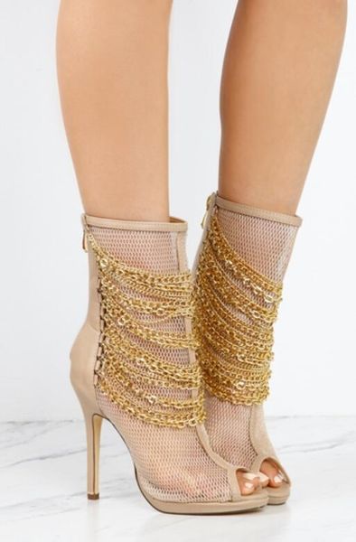 2017 Женская мода ботильоны золотые цепи пинетки peep toe botas air mesh сексуальные сапоги тонкий каблук дамы партия обувь