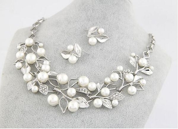 

new gold color silver color metal leaf rhinestone pearl necklace earrings set short necklace bridal set jewelry sets bride jewelry