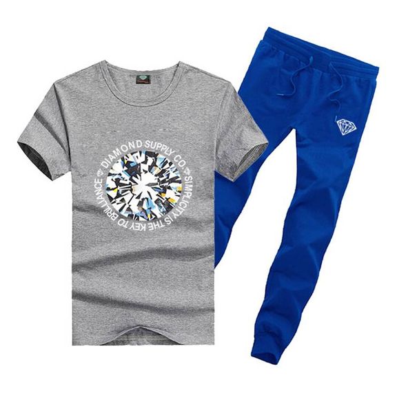 

d775 s-5xl new leisure diamond supply t-shirt and long pants suit o-neck elastic waist men's tracksuits, Gray