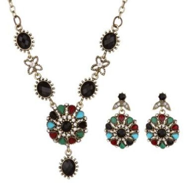

bohemian womens jewelry set tretro national style multi color tassel pendant silver plated rhinestone decorated jewelry sets, Golden;silver