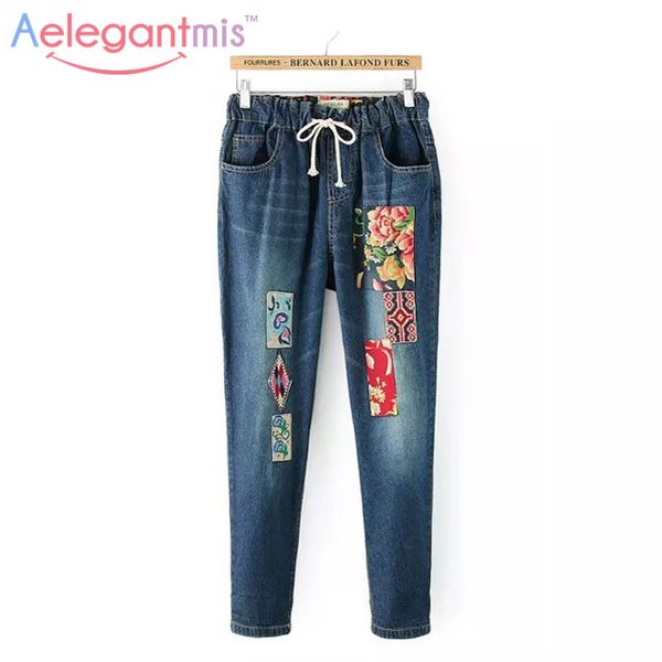 

wholesale- aelegantmis flower embroidery jeans women casual patchwork denim pants female 2017 spring pockets straight jeans plus size 3xl, Blue