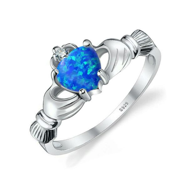 Novo Claddagh feminino opala azul 5a zircão cz ouro branco cheio de noivado anel de casamento para mulheres joias da moda