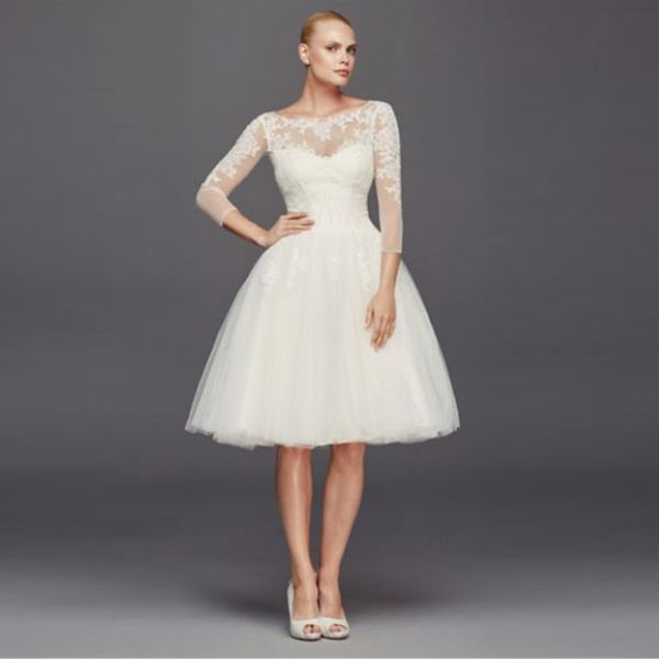 

3/4 sleeve short wedding dress a-line knee length tulle gowns appliques keyhole back bridal gowns bateau neckline zp341642, White