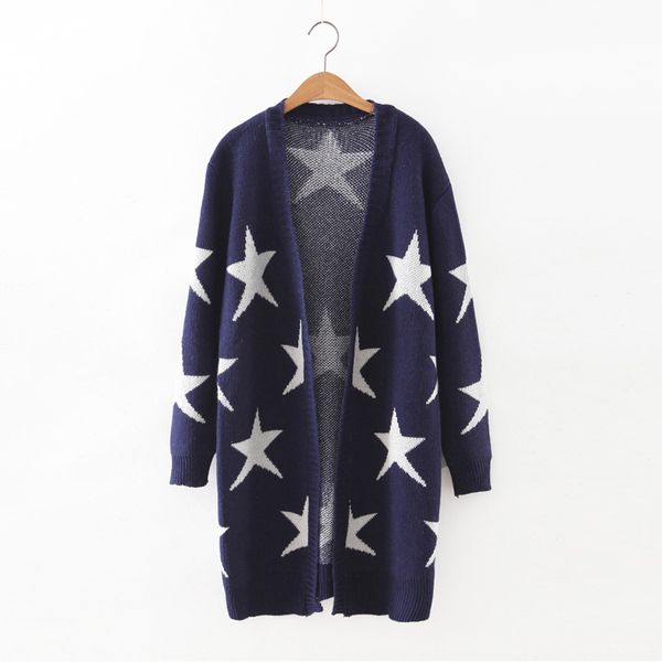 

wholesale- 2016 new winter autumn long pull femme cardigans 3 colors block stars v neck pull femme sweaters e271, White;black