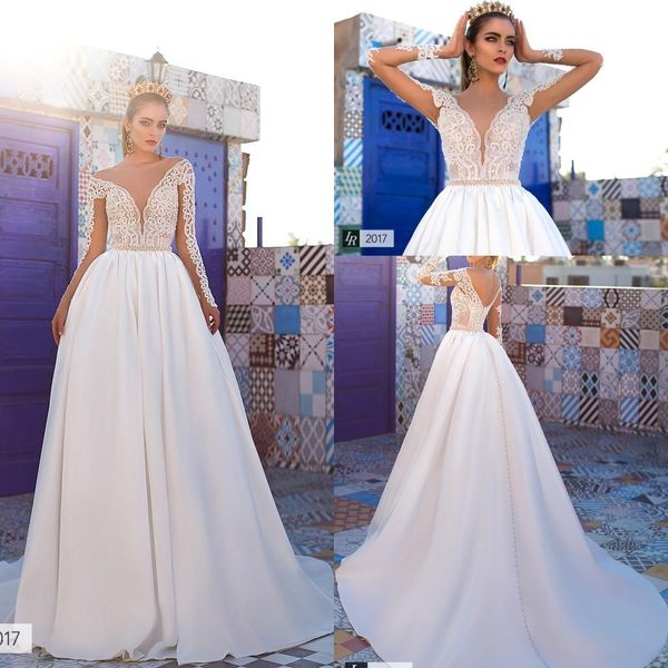 

2019 elegant new castle wedding dresses lace applique sheer long sleeves sweep train backless bridal gowns, White