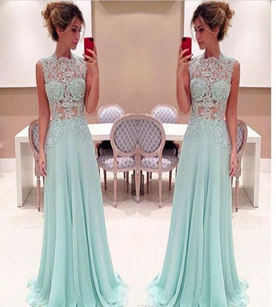 

charming lace prom dress long light sky blue high neck lace appliques illusion floor length chiffon evening party dresses, Black