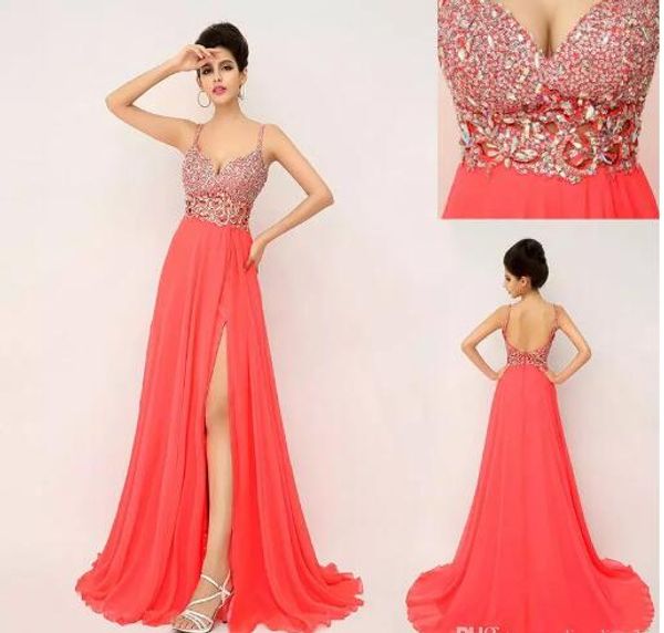

A-Line спагетти Коралл элегантный Сплит вечер Dressess сладкий блеск шифон развертки по