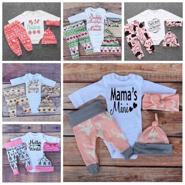 Baby Ins Weihnachten Kleidung Sets Weihnachten Deer Tops T-shirt Elch Strampler Leggings Hosen Shorts Hut Stirnband Infant Letetr Print Outfits B1862