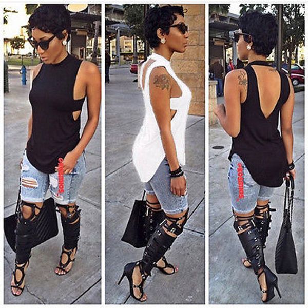 

wholesale- women tshirt backless summer fashion women casual sleeveless cotton tee t shirt, White