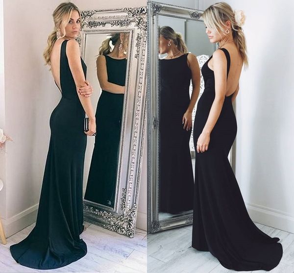 

elegant black satin mermaid evening dresses boat neck sleeveless backless evening gowns simple formal dresses sweep train, Black;red