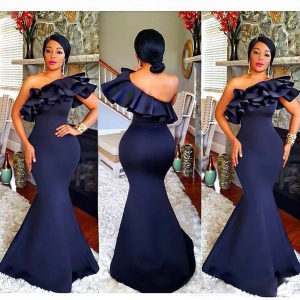 

stylish mermaid long prom dresses tiered cascading ruffles one shoulder sleeveless evening dresses plus size formal evening party gowns, Black