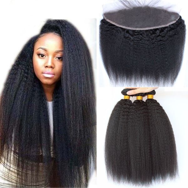 

Kinky traight malay ian human hair bundle with lace frontal clo ure 4pc lot unproce ed virgin hair weave with ear to ear lace clo ure