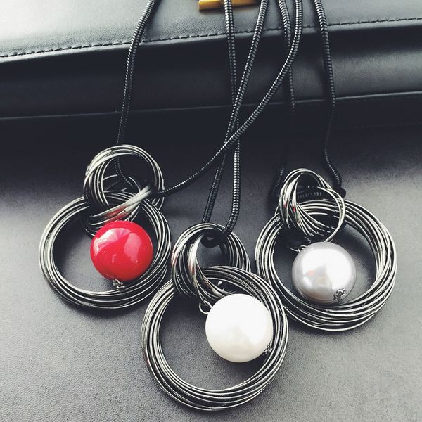 Fashion Cercle Rouge Perle Pendentif Déclaration Collier longue chaîne Pull bijoux