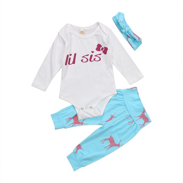 

newborn clothes toddler infant baby girls outfits kids clothes long sleeve romper deer pants headband 3pcs autumn clothing set for girl, White