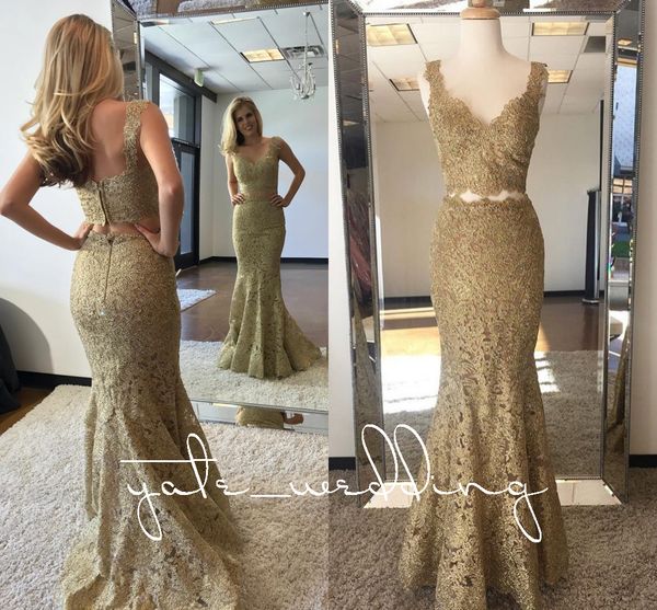 

two piece lace gold evening dresses v neck sleeveless two piece mermaid prom dresses backless formal evening gowns sweep train, Black;red