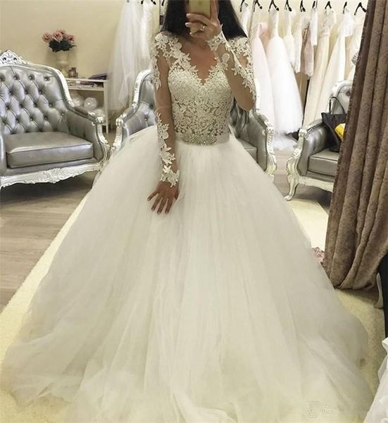 

бальное платье с длинным рукавом свадебные платья v-образным вырезом из бисера створки кружева тюль 2019 осень новые свадебные платья нестан, White