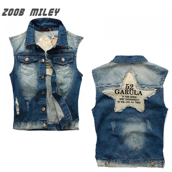 

wholesale- vintage denim vest male sleeveless ripped jeans jacket male frayed cowboy waistcoat tank star patched designs size m-4xl, Black;white