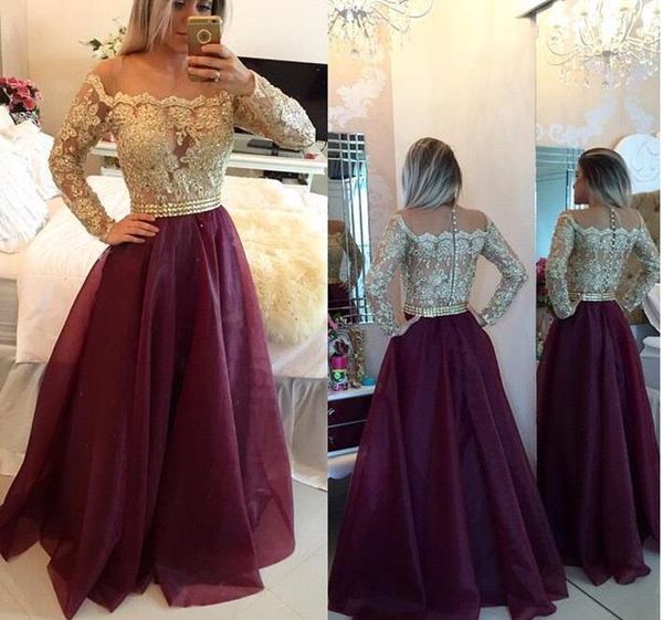

2017 burgundy sheer long sleeves lace prom dresses applique beaded beads sash backless long evening gowns with buttons formal, Black