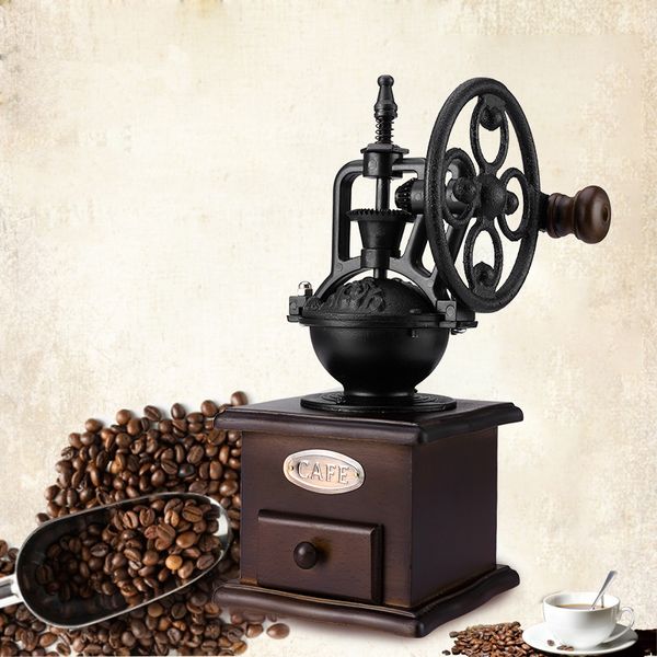 

wheel design vintage manual coffee grinder with ceramic movement retro wooden coffee mill for home use and decoration
