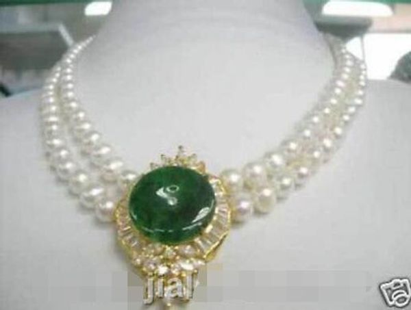 

fine 8-9mm white pearl pearls emerald jade pendant necklace, Silver