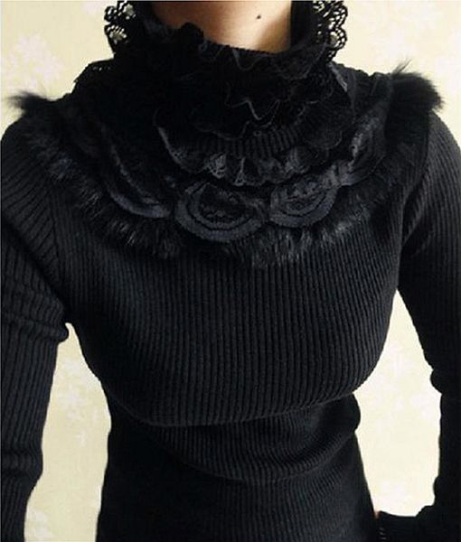 

hair lace patchwork ruffled turtleneck sweater 2016 autumn winter long sleeve knitted pullovers ladies jumpers pull femme, White;black