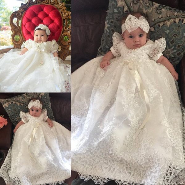 Weiße Spitze Prinzessin Baby Erstkommunion Kleider Perlen Perlen Kurzarm Mädchen Kleid mit Band Schärpen Kinder lange Prom Party Kleider