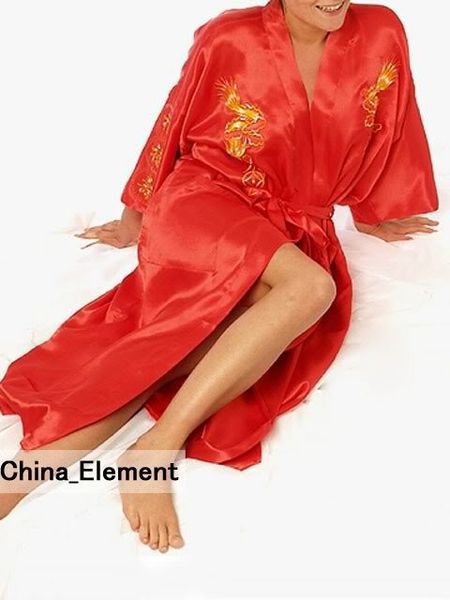 

wholesale- fashion red chinese women's silk satin robe embroidery kimono bath gown dragon s  l xl xxl xxxl s0010, Black;red