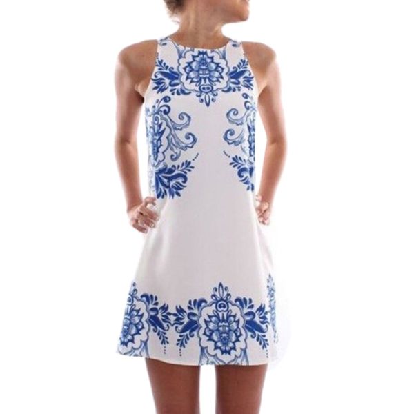 

wholesale- chinese national style blue and white porcelain pattern women straight dresses sleeveless summer girls casual dress vestidos, White;black