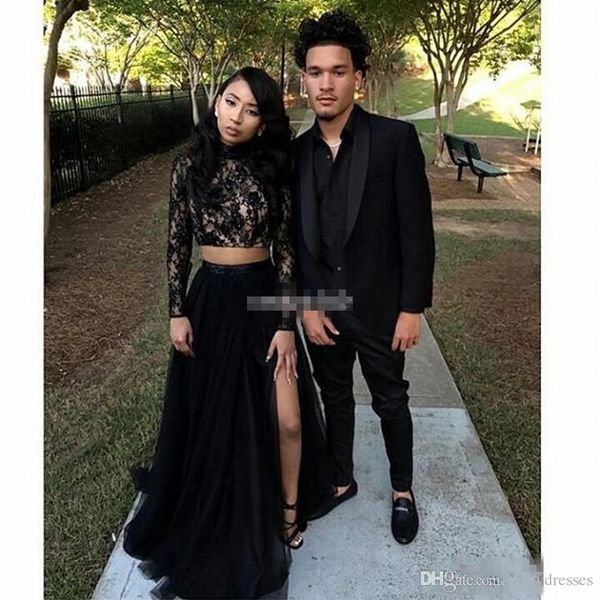

African Long Sleeves Lace Mermaid Two Piece Black Prom Dresses with Lace Long Sleeve A-Line Tulle Side Split Evening Party Gowns