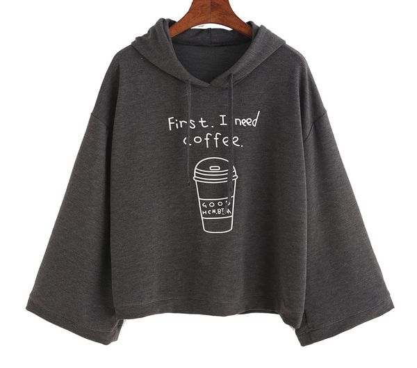 

wholesale- korean style funny women hoodies long sleeve gray first i need coffee letter print hooded sweatshirt pullovers sudaderas mujer, Black