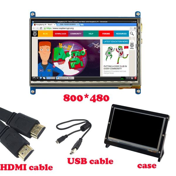 Freeshipping 7 Polegada 800 * 480 Raspberry Pi LCD TFT Display + Caso de Suporte Acrílico + Cabo H-DM-I + Cabo USB para Raspberry Pi 3 Touch Screen