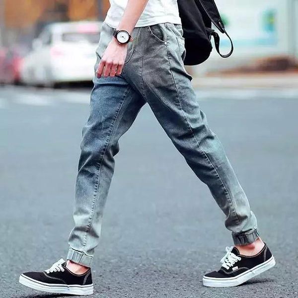 

wholesale-fashion bottoms m-xl cuffed men retro spliced casual slim fit hop pants hip jeans stretch drawstring mens ninth design teenag xcqq, Black