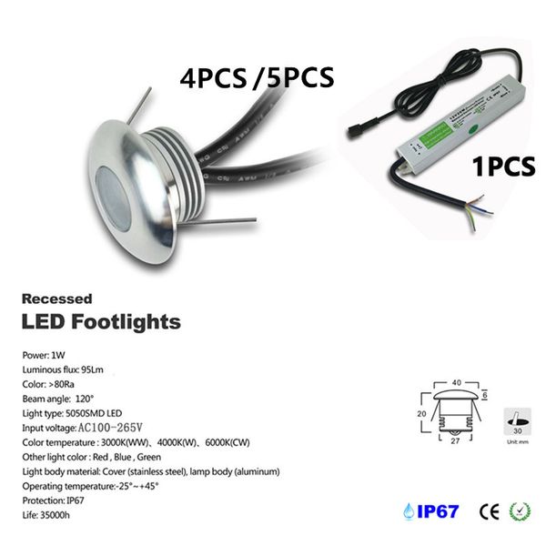 

4-5pcs / комплект DC12V 1W LED Deck Light Встраиваемый лестничные Подземная лампа IP67 Водонепроницаемый LED Напольные светильники настенные прожекторы IP67 CE Driver