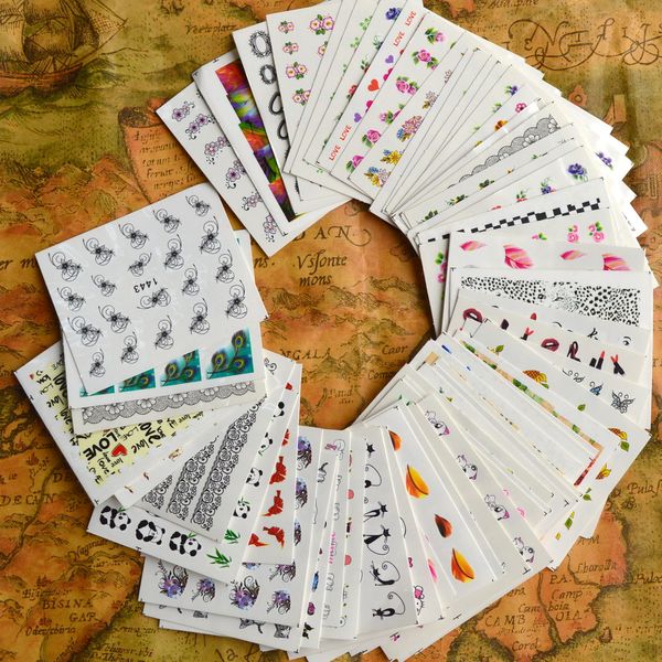 

wholesale-50pcs nail art sets designs mixed watermark flower cartoon stickers nail art water transfer tips decals women nail art m50, Black