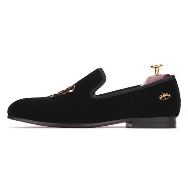 

new style embroidery men gold flat handmade shipping men shoes party and wedding men's fashion velvet loafers sbcsw, Black