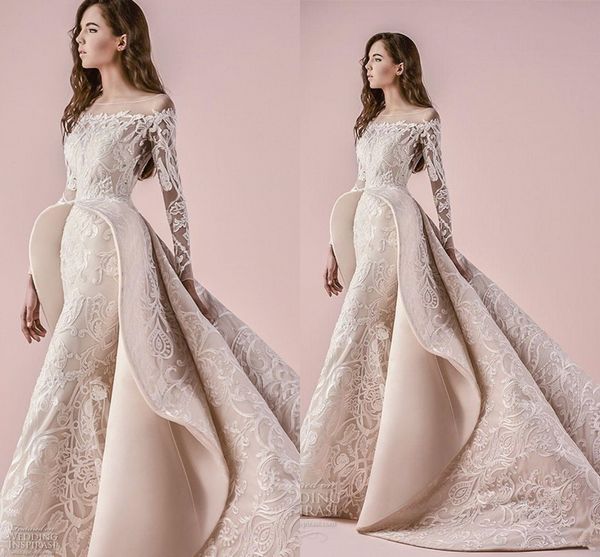 

saiid kobeisy luxury applique overskirt русалка свадебные платья с длинным рукавом 2018 прозрачная шея дубай арабский собор свадебное платье, White