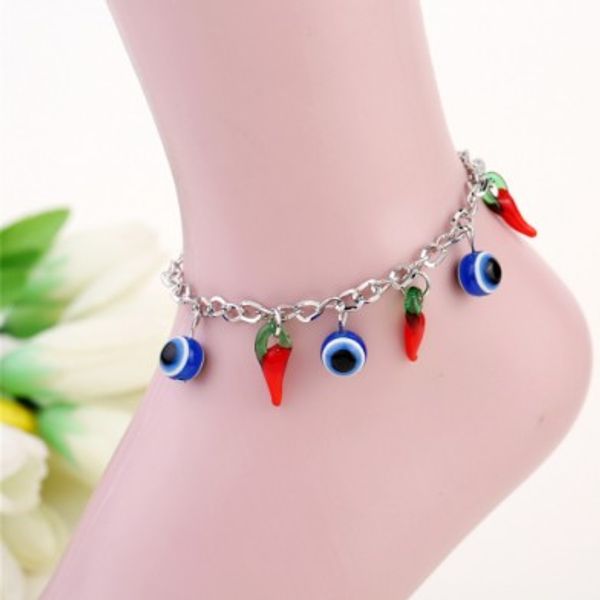 

bohemian girls ankle bracelets silver tone chain pendant eye & pepper anklets gothic foot chains barefoot beach sandals for womens, Red;blue