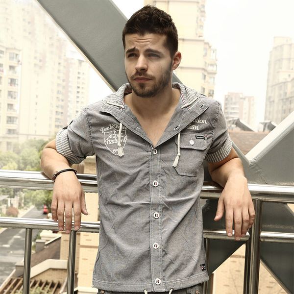 

wholesale- v jean men's casual short sleeve denim shirt hooded #2a270, White;black