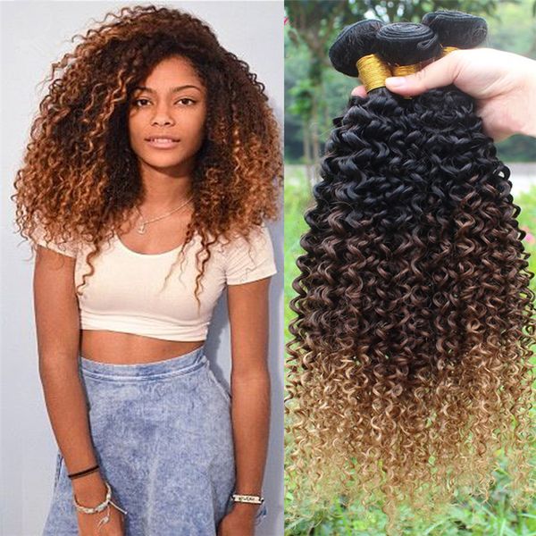 Ombre Peruvian Kinky Curly Virgin Hair Weaves 1b 4 27 Honey Blonde Ombre Human Hair Bundles Three Tone Curly Hair Extensions Remy Hair Extensions