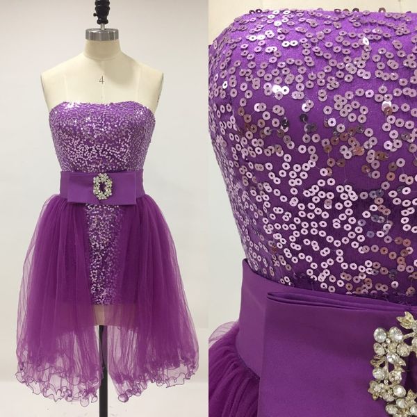 Vestido de baile curto barato com saia removível Bainha coluna Strapless vestido de baile de lantejoulas Tulle destacável Overskirt em roxo