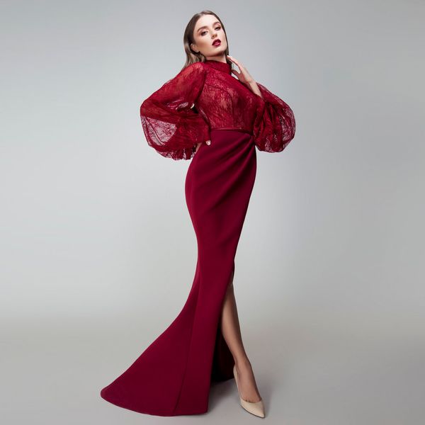 

stunning high neck mermaid evening gown fashion trumpet lace long sleeve side split prom dresses elegant satin long evening dresses, Black
