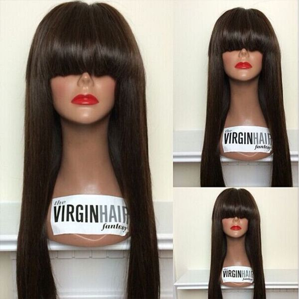

9a human hair wig full bangs silky straight brazilian virgin lace front wigs for black women full lace wigs baby hair, Black;brown