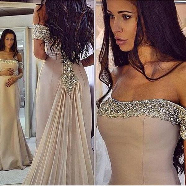 

Charming Off the Shoulder Long Evening Dresses A-line Crystals Beading Neckline Stain Formal Prom Gowns with Chiffon Train Women Party Gowns
