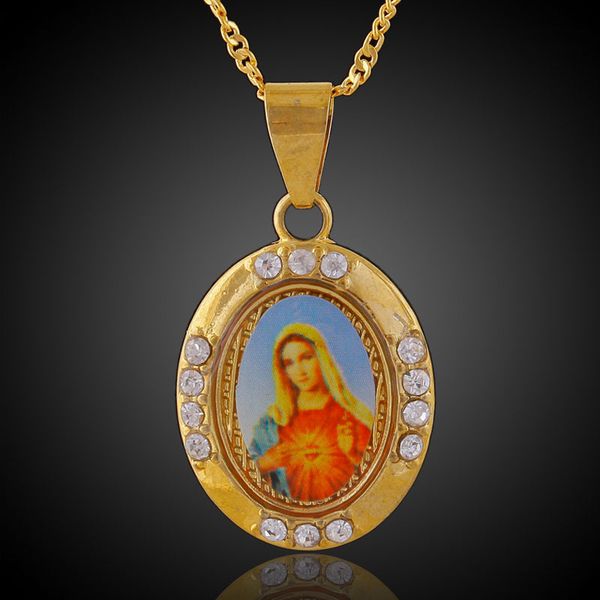 

blessed virgin mary 18k gold plated necklace fashion personalized design hip hop jewelry punk rock micro men/women round pendant necklace, Silver